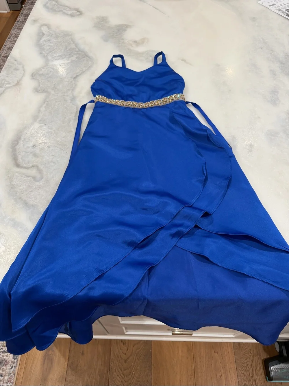 Girls Royal Blue Beaded Waist Evening Dress